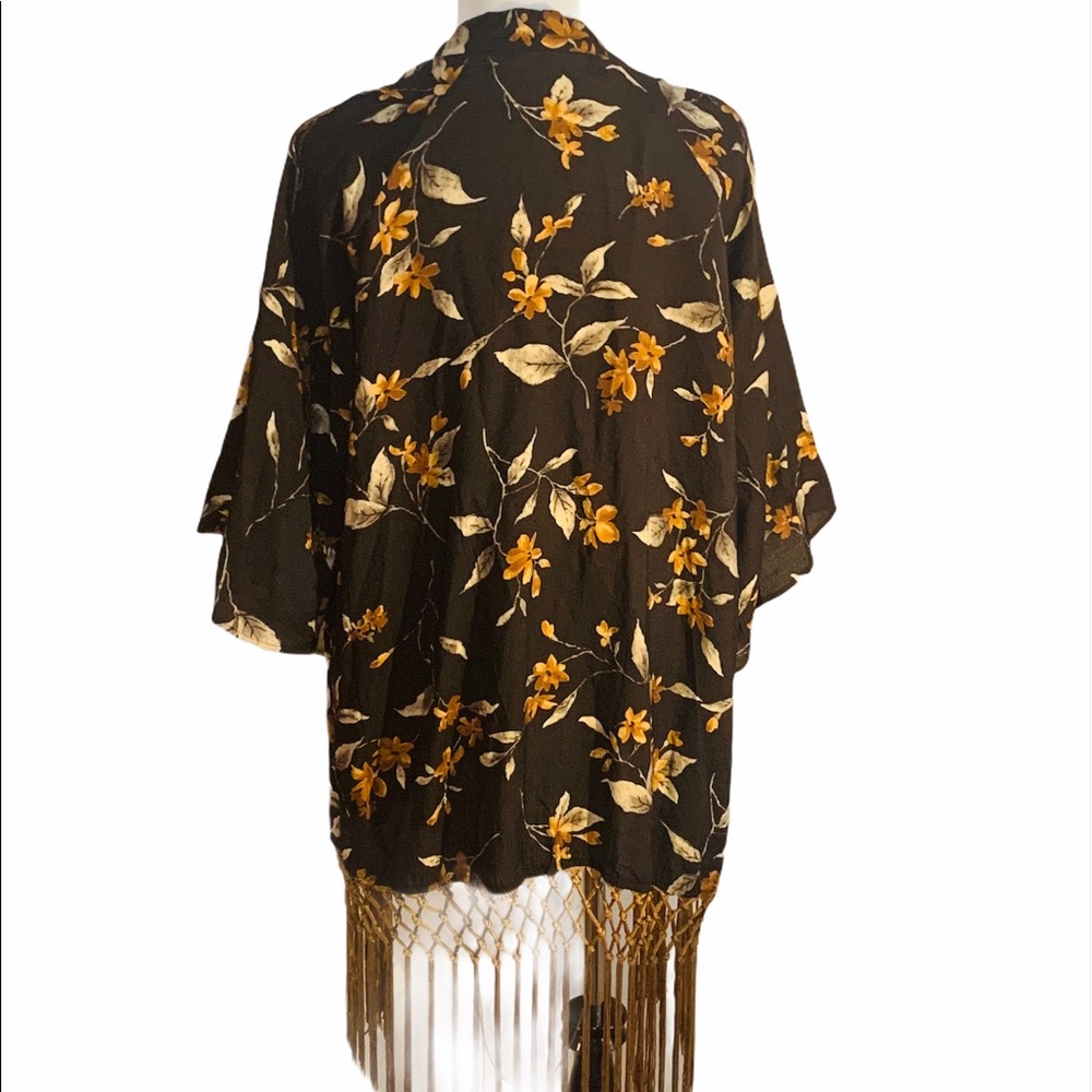 NEW Floral Print boho Kimono with Fringe trim